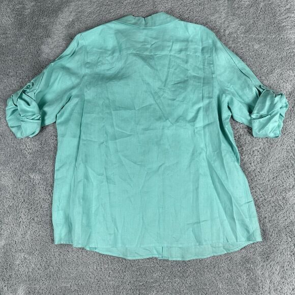 Kim Rogers Womens Linen Button Up Shirt 2X Light Blue Green Roll Tab Long Sleeve - Picture 13 of 14